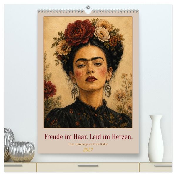 Freude im Haar. Leid im Herzen. Eine Hommage an Frida Kahlo (hochwertiger Premium Wandkalender 2027 DIN A2 hoch) Kunstdruck in Hochglanz