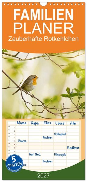 Familienplaner 2027 - Zauberhafte Rotkehlchen mit 5 Spalten (Wandkalender 21 x 45 cm) CALVENDO
