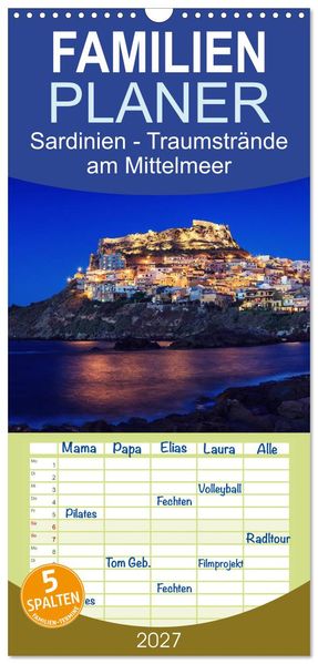 Familienplaner 2027 - Sardinien - Traumstrände am Mittelmeer mit 5 Spalten (Wandkalender 21 x 45 cm) CALVENDO