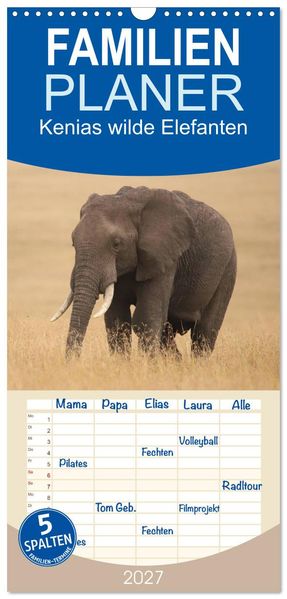 Familienplaner 2027 - Kenias wilde Elefanten mit 5 Spalten (Wandkalender 21 x 45 cm) CALVENDO