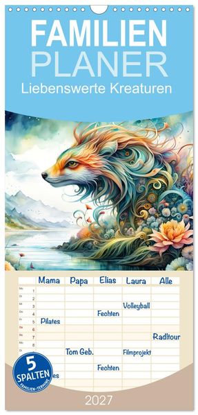 Familienplaner 2027 - Liebenswerte Kreaturen mit 5 Spalten (Wandkalender 21 x 45 cm) CALVENDO