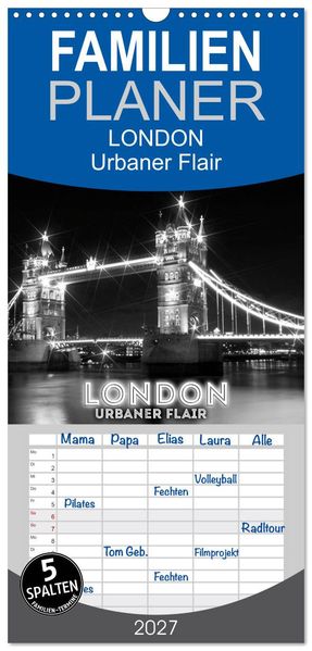 Familienplaner 2027 - LONDON Urbaner Flair mit 5 Spalten (Wandkalender 21 x 45 cm) CALVENDO