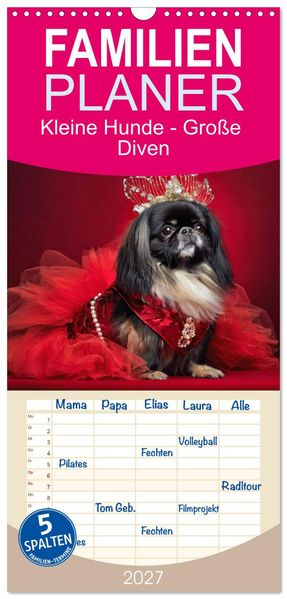 Familienplaner 2027 - Kleine Hunde - Große Diven mit 5 Spalten (Wandkalender 21 x 45 cm) CALVENDO