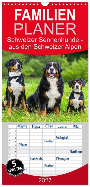 Familienplaner 2027 - Schweizer Sennenhunde - aus den Schweizer Alpen mit 5 Spalten (Wandkalender 21 x 45 cm) CALVENDO
