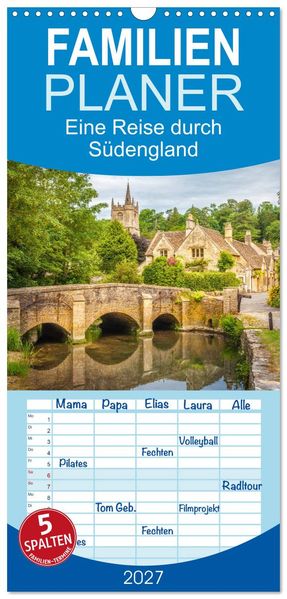 Familienplaner 2027 - Eine Reise durch Südengland mit 5 Spalten (Wandkalender 21 x 45 cm) CALVENDO