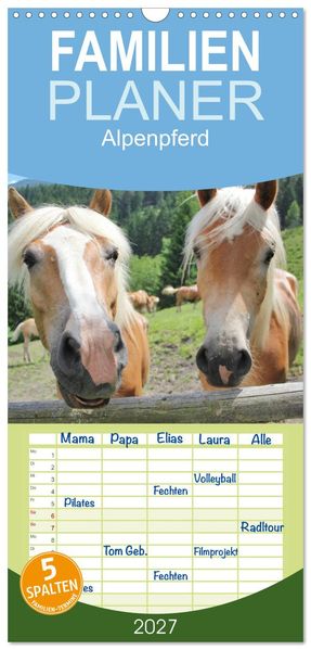 Familienplaner 2027 - Alpenpferde mit 5 Spalten (Wandkalender 21 x 45 cm) CALVENDO