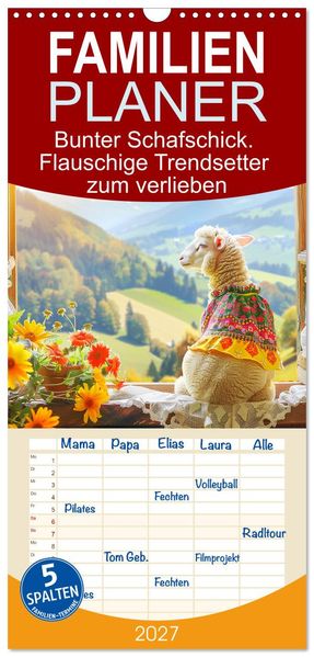 Familienplaner 2027 - Bunter Schafschick. Flauschige Trendsetter zum verlieben mit 5 Spalten (Wandkalender 21 x 45 cm) CALVENDO