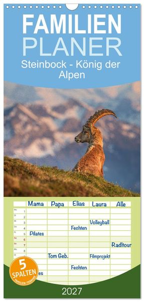 Familienplaner 2027 - Steinbock - König der Alpen mit 5 Spalten (Wandkalender 21 x 45 cm) CALVENDO