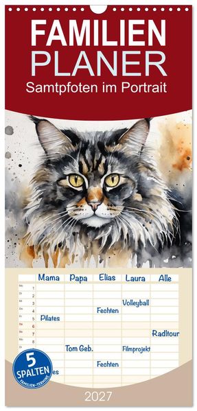 Familienplaner 2027 - Samtpfoten im Portrait mit 5 Spalten (Wandkalender 21 x 45 cm) CALVENDO