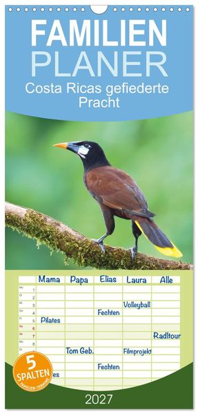 Familienplaner 2027 - Costa Ricas gefiederte Pracht mit 5 Spalten (Wandkalender 21 x 45 cm) CALVENDO