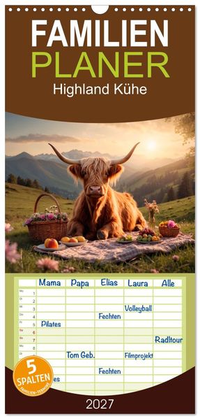 Familienplaner 2027 - Highland Kühe mit 5 Spalten (Wandkalender 21 x 45 cm) CALVENDO