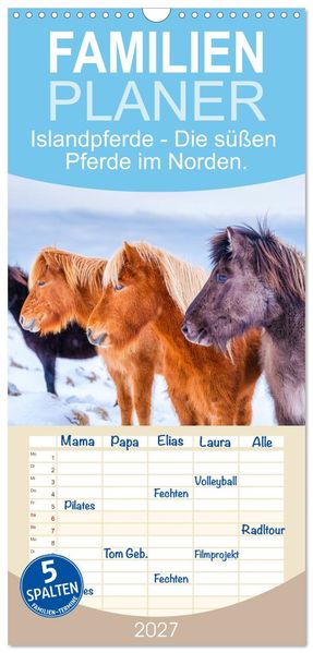 Familienplaner 2027 - Islandpferde - Die süßen Pferde im Norden. mit 5 Spalten (Wandkalender 21 x 45 cm) CALVENDO