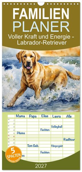 Familienplaner 2027 - Voller Kraft und Energie - Labrador-Retriever mit 5 Spalten (Wandkalender 21 x 45 cm) CALVENDO