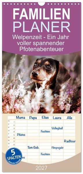 Familienplaner 2027 - Welpenzeit - Ein Jahr voller spannender Pfotenabenteuer mit 5 Spalten (Wandkalender 21 x 45 cm) CALVENDO