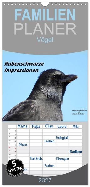 Familienplaner 2027 - Rabenschwarze Impressionen - Meike Ajo Dettlaff via Wildvogelhlfe mit 5 Spalten (Wandkalender 21 x 45 cm) CALVENDO