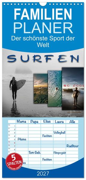 Familienplaner 2027 - Surfen - so cool mit 5 Spalten (Wandkalender 21 x 45 cm) CALVENDO