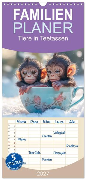 Familienplaner 2027 - Tiere in Teetassen mit 5 Spalten (Wandkalender 21 x 45 cm) CALVENDO