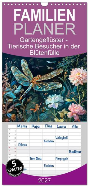 Familienplaner 2027 - Gartengeflüster - Tierische Besucher in der Blütenfülle mit 5 Spalten (Wandkalender 21 x 45 cm) CALVENDO