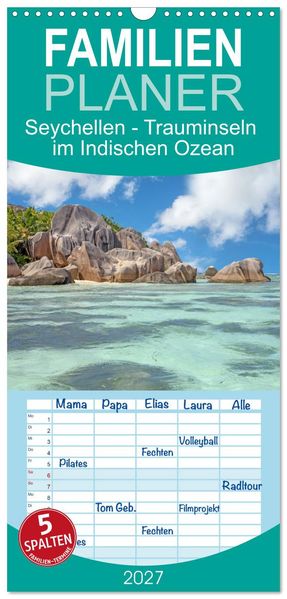 Familienplaner 2027 - Seychellen - Trauminseln im Indischen Ozean mit 5 Spalten (Wandkalender 21 x 45 cm) CALVENDO