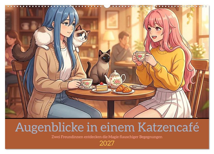 Augenblicke in einem Katzencafé (Wandkalender 2027 DIN A2 quer) CALVENDO Monatskalender