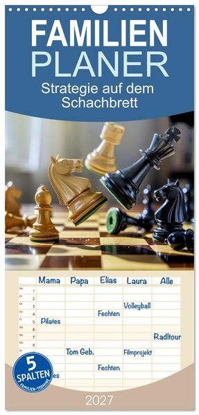 Familienplaner 2027 - Strategie auf dem Schachbrett mit 5 Spalten (Wandkalender 21 x 45 cm) CALVENDO