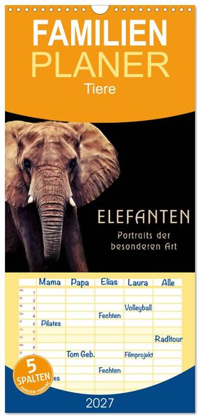 Familienplaner 2027 - Elefanten - Portraits der besonderen Art mit 5 Spalten (Wandkalender 21 x 45 cm) CALVENDO
