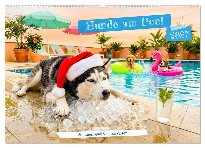 Hunde am Pool - Sommer Spaß und nasse Pfoten (Wandkalender 2027 DIN A2 quer) CALVENDO Monatskalender