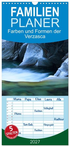 Familienplaner 2027 - Farben und Formen der Verzasca mit 5 Spalten (Wandkalender 21 x 45 cm) CALVENDO