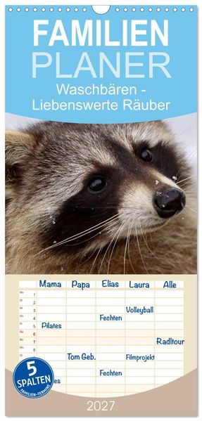Familienplaner 2027 - Waschbären mit 5 Spalten (Wandkalender 21 x 45 cm) CALVENDO