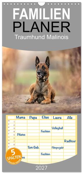 Familienplaner 2027 - Traumhund Malinois mit 5 Spalten (Wandkalender 21 x 45 cm) CALVENDO