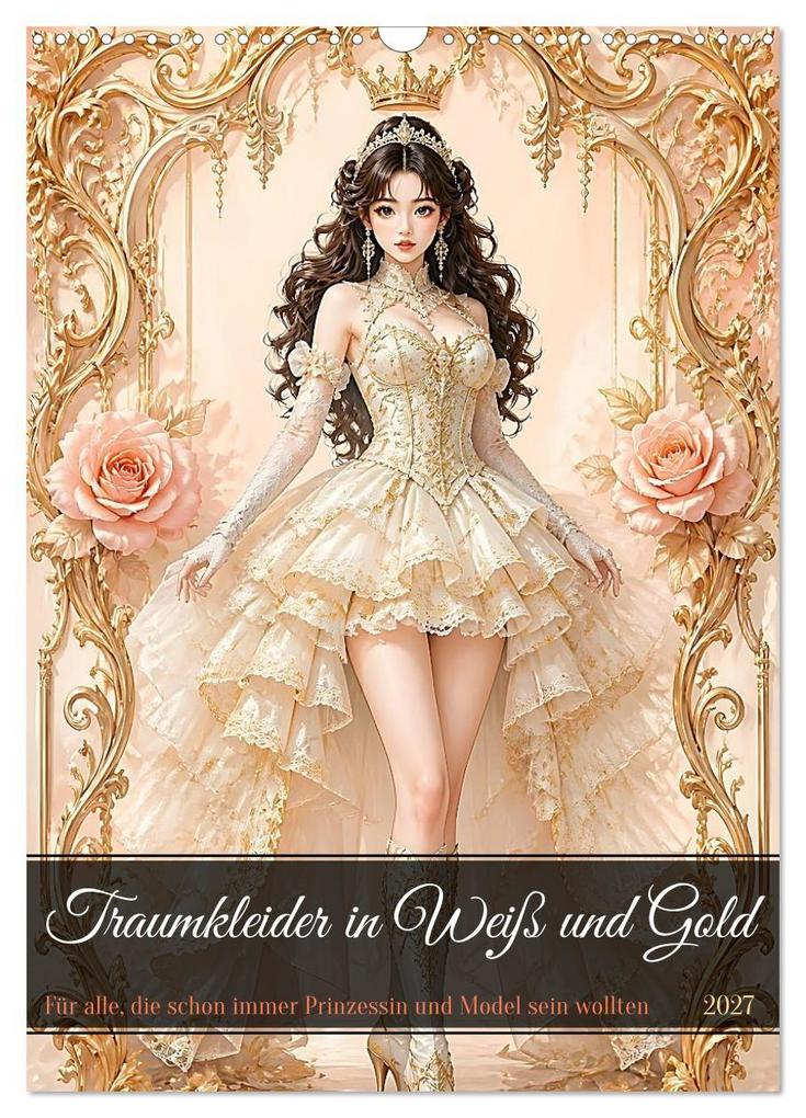 Traumkleider in Weiß und Gold (Wandkalender 2027 DIN A3 hoch) CALVENDO Monatskalender