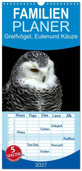 Familienplaner 2027 - Greifvögel Eulen und Käuze mit 5 Spalten (Wandkalender 21 x 45 cm) CALVENDO