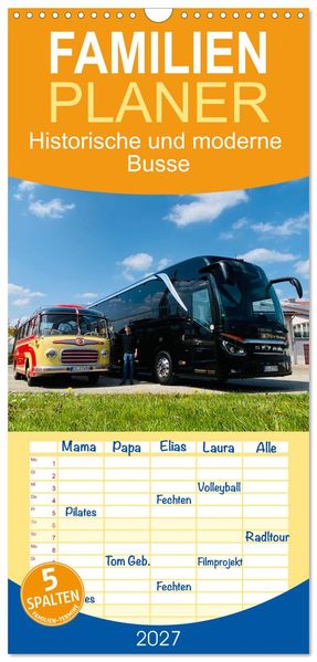 Familienplaner 2027 - Historische und moderne Busse mit 5 Spalten (Wandkalender 21 x 45 cm) CALVENDO