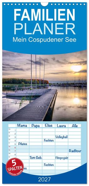 Familienplaner 2027 - Mein Cospudener See mit 5 Spalten (Wandkalender 21 x 45 cm) CALVENDO
