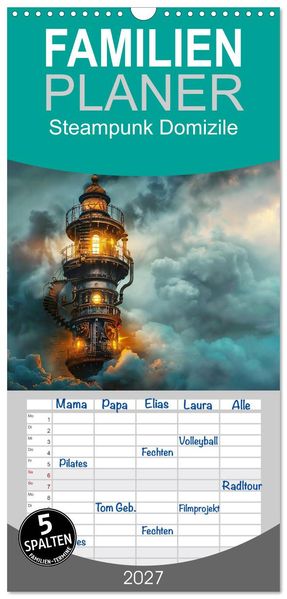 Familienplaner 2027 - Steampunk Domizile mit 5 Spalten (Wandkalender 21 x 45 cm) CALVENDO