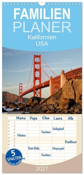 Familienplaner 2027 - Kalifornien USA mit 5 Spalten (Wandkalender 21 x 45 cm) CALVENDO