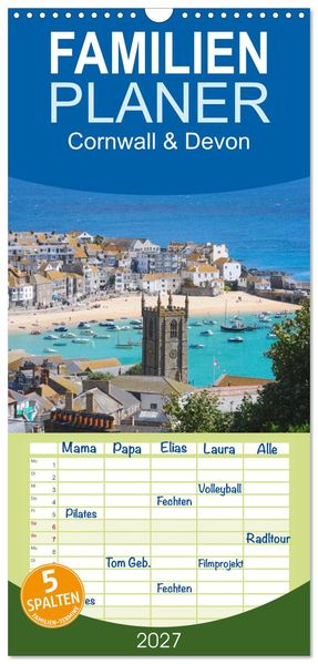 Familienplaner 2027 - Cornwall & Devon mit 5 Spalten (Wandkalender 21 x 45 cm) CALVENDO