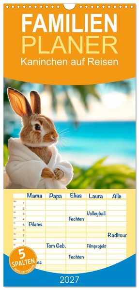 Familienplaner 2027 - Kaninchen auf Reisen mit 5 Spalten (Wandkalender 21 x 45 cm) CALVENDO