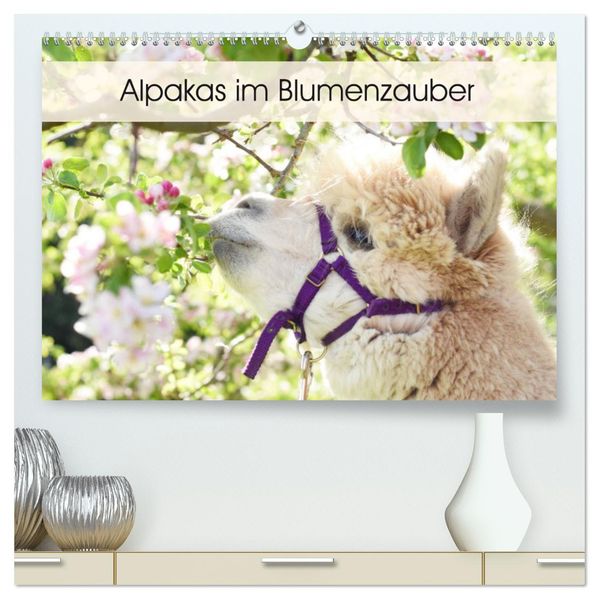 Alpakas im Blumenzauber (hochwertiger Premium Wandkalender 2027 DIN A2 quer) Kunstdruck in Hochglanz