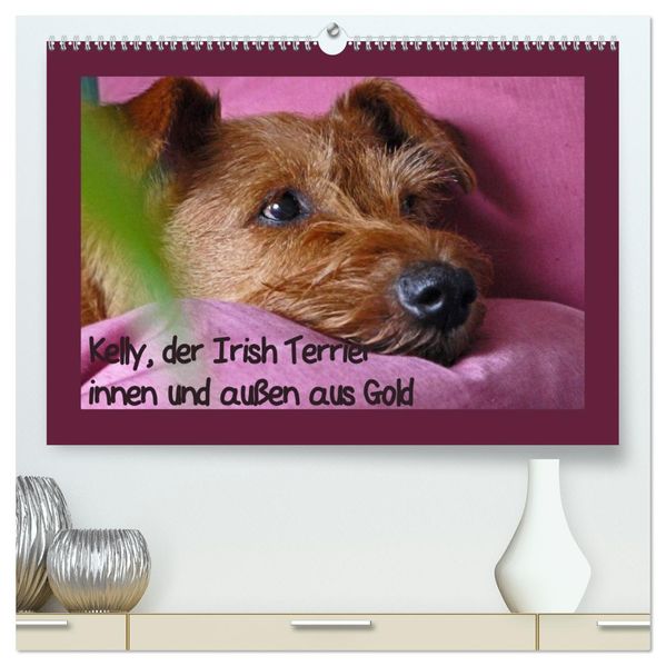 Kelly der Irish Terrier - innen und außen aus Gold (hochwertiger Premium Wandkalender 2027 DIN A2 quer) Kunstdruck in Hochglanz