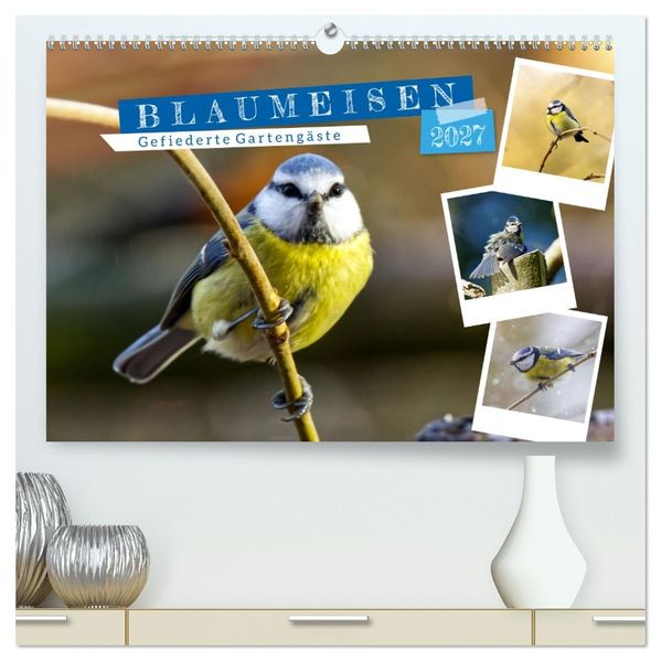Gefiederte Gartengäste Blaumeisen (hochwertiger Premium Wandkalender 2027 DIN A2 quer) Kunstdruck in Hochglanz