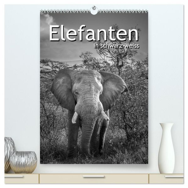 Elefanten in schwarz-weiss (hochwertiger Premium Wandkalender 2027 DIN A2 hoch) Kunstdruck in Hochglanz