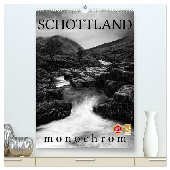 Schottland Monochrom (hochwertiger Premium Wandkalender 2027 DIN A2 hoch) Kunstdruck in Hochglanz