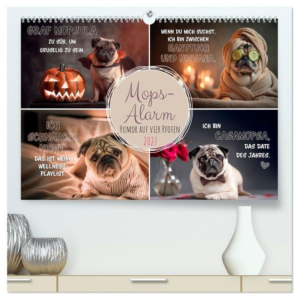 Mops-Alarm (hochwertiger Premium Wandkalender 2027 DIN A2 quer) Kunstdruck in Hochglanz