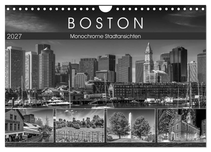 BOSTON Monochrome Stadtansichten (Wandkalender 2027 DIN A4 quer) CALVENDO Monatskalender
