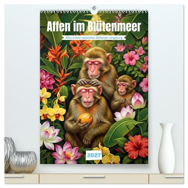 Affen im Blütenmeer (hochwertiger Premium Wandkalender 2027 DIN A2 hoch) Kunstdruck in Hochglanz
