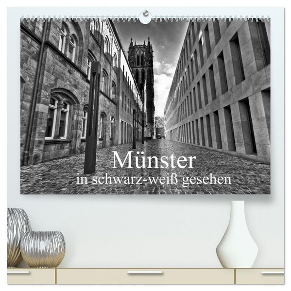 Münster in schwarz-weiß gesehen (hochwertiger Premium Wandkalender 2027 DIN A2 quer) Kunstdruck in Hochglanz
