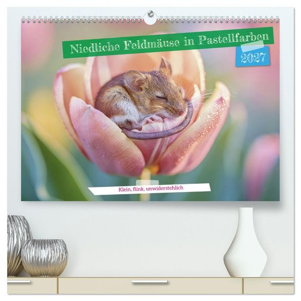 Niedliche Feldmäuse in Pastellfarben (hochwertiger Premium Wandkalender 2027 DIN A2 quer) Kunstdruck in Hochglanz