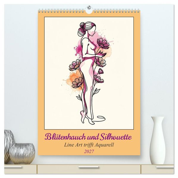 Blütenhauch und Silhouette - Line Art trifft Aquarell (hochwertiger Premium Wandkalender 2027 DIN A2 hoch) Kunstdruck in Hochglanz