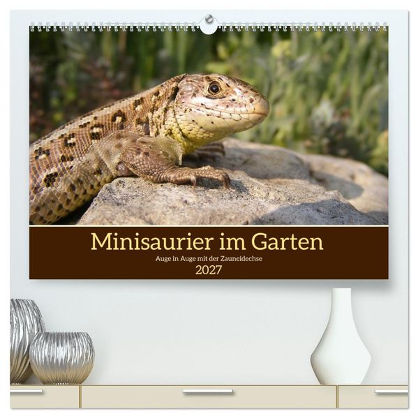 Minisaurier im Garten (hochwertiger Premium Wandkalender 2027 DIN A2 quer) Kunstdruck in Hochglanz